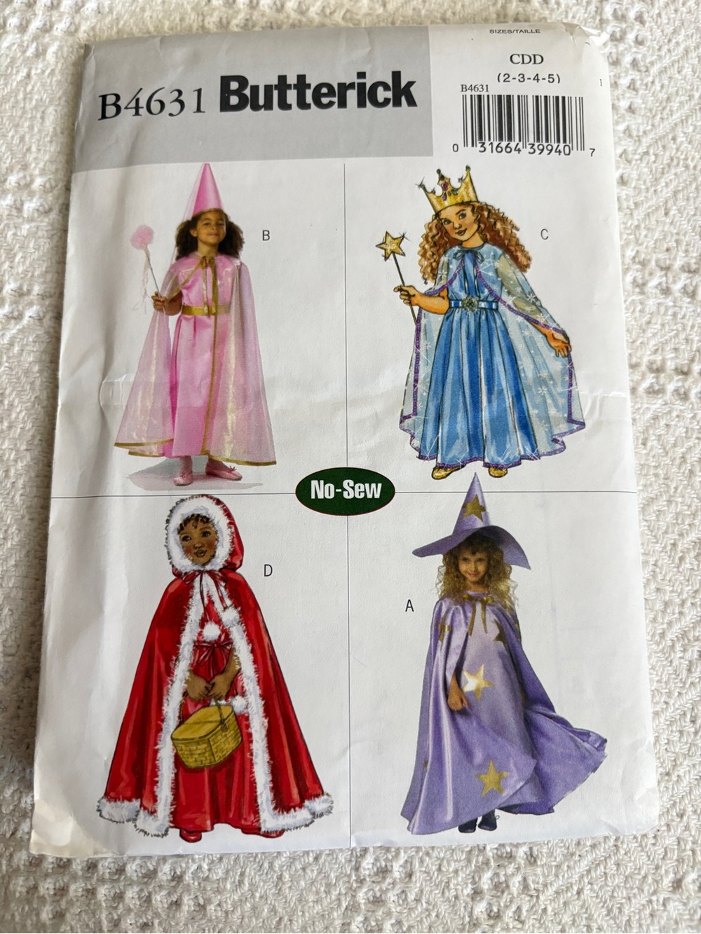 Butterick Pattern B4631 CDD for Girl’s No-Sew  Costumes